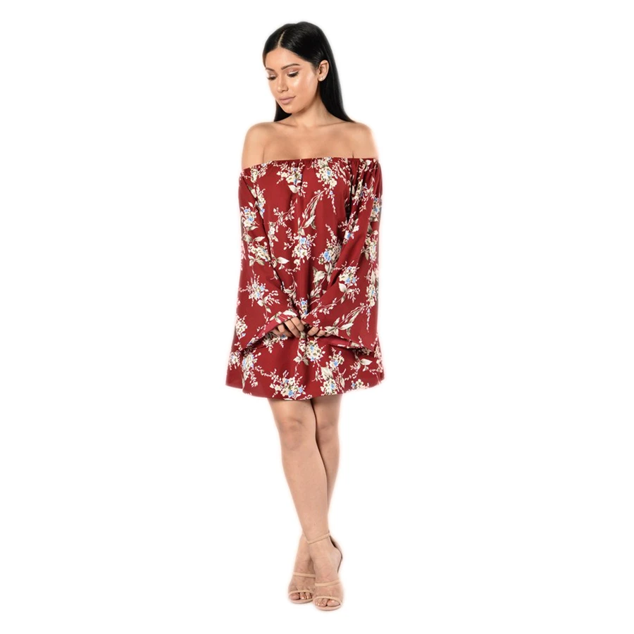 Лето-осень платье 2017 Для женщин принт с открытыми плечами эластичный Slash Средства