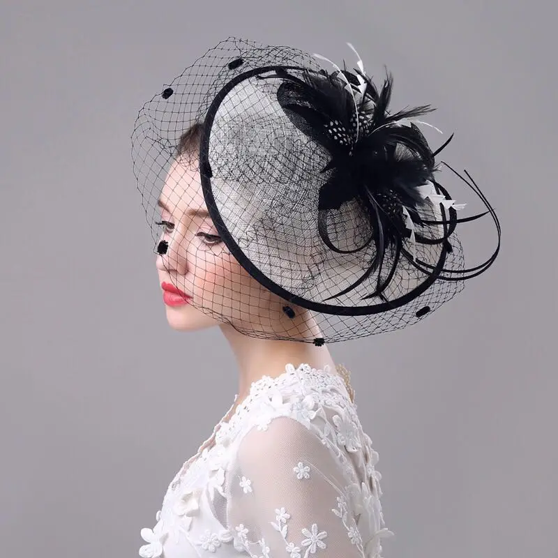 Женская Свадебная шляпка с перьями белая или черная Вуалетка цветком вечерние