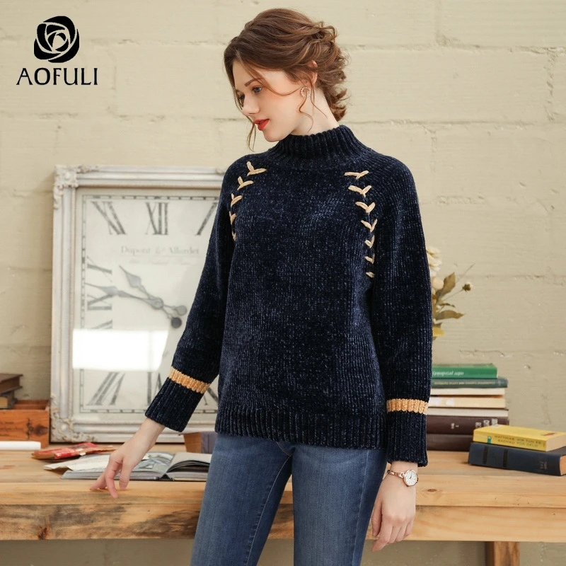 AOFULI Elegant Blue knitted sweater for women thick long sleeve pullover high neck collar warm knitwear L~ XXXL 4XL 5XL A3819 | Женская