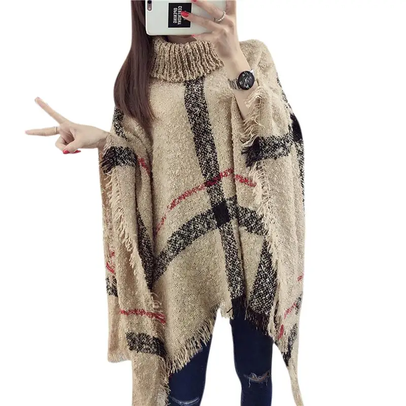 Yiwa Women High-necked Plaid Sweater Loose Bat Design Sleeve Knit Fringed Cape Jacket super soft wool fall and winter | Женская одежда