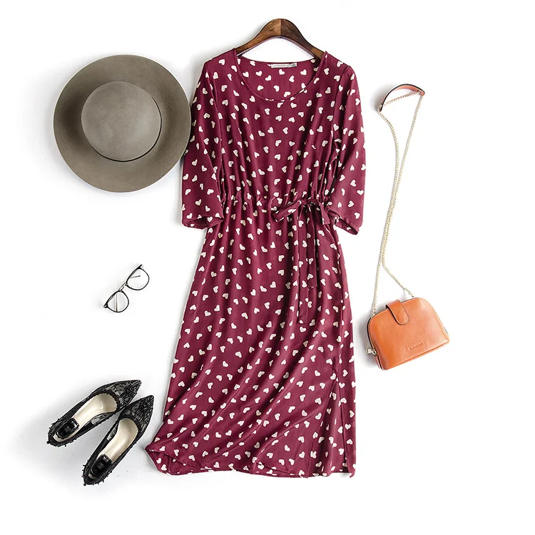 Новинка 2017 платье из чистого шелка с принтом сердца женское 100% натурального