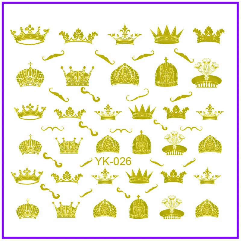 YK026 GOLD Золотые/серебряные наклейки для ногтей, металлические наклейки для ногтей, цветок, Рождество, корона, усы, Подарочная коробка, цирк, любовь, сердце, YK025-030 - Цвет: YK026 GOLD