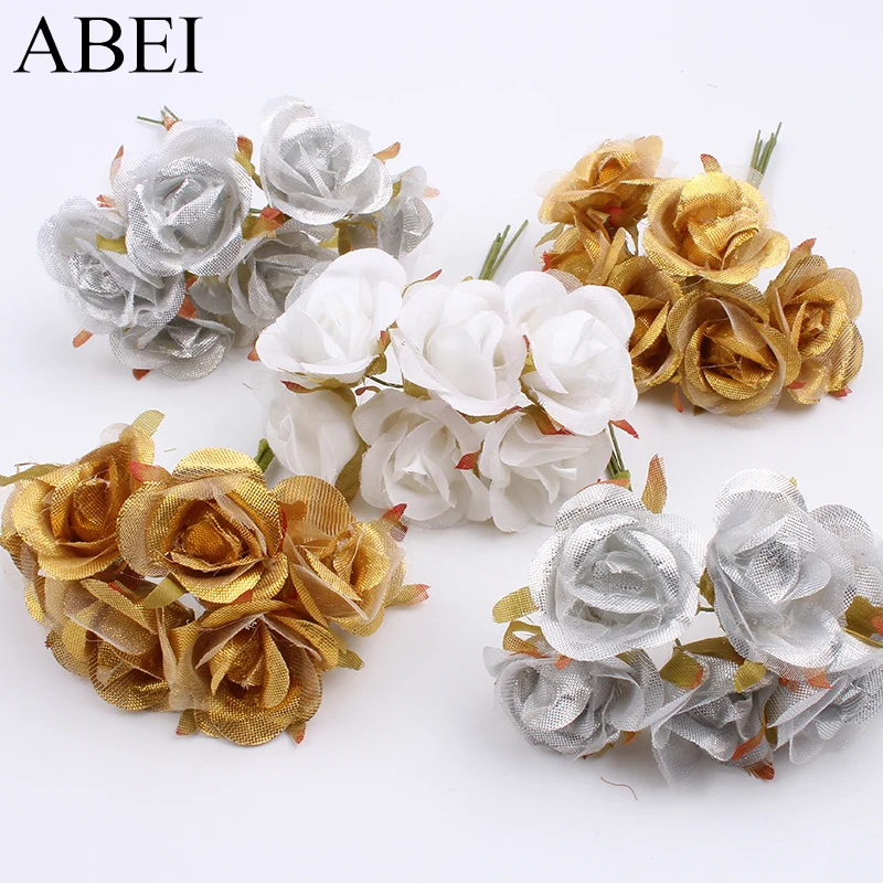 Искусственный Золотой/Серебряный/белый Шелковый цветочный букет 6 шт./лот для