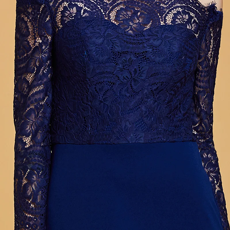 Женское вечернее платье с вырезом Лодочка Tanpell темно-синее кружевное в пол для