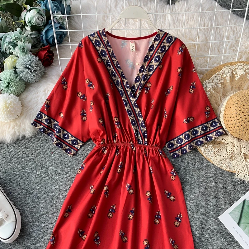Женское длинное платье с принтом Boho красное Повседневное трапециевидной формы