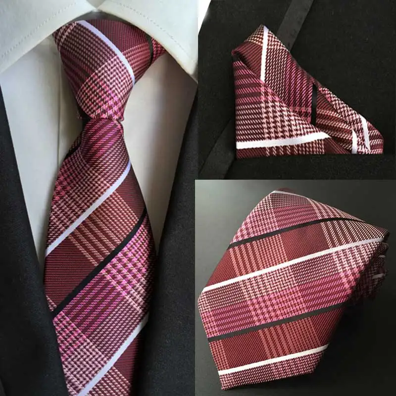 HOT 8cm Men Silk Tie Striped plaid Necktie Handkerchief Set Luxury Neck Ties Men's Classic Party Wedding Pocket Square Sets |