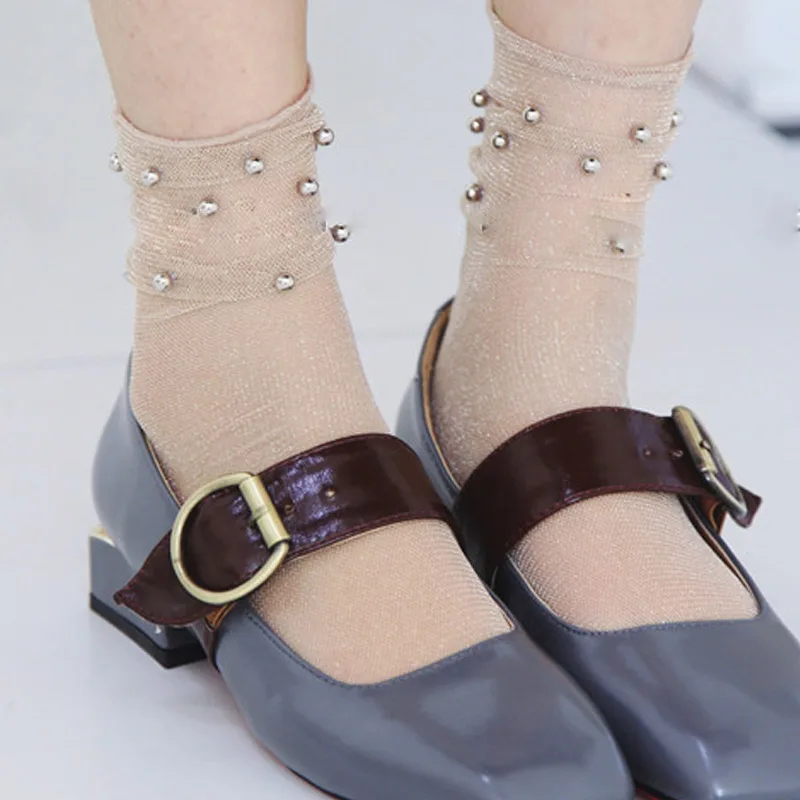 Модные женские блестящие сетчатые носки с серебряными бусинами мягкие