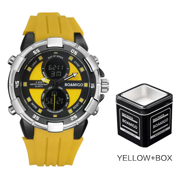 yellow with box Мужские часы BOAMIGO, спортивные цифровые часы, светодиодный дисплей, резиновый ремешок, наручные часы 30 м, водонепроницаемые часы с датой и неделей, Желтые часы в подарок - Цвет: yellow with box