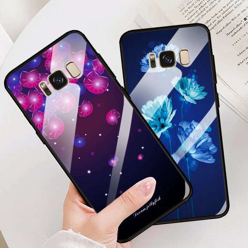 For Samsung Galaxy S8 Tempered Glass Case Soft Edge Back Cover Plus Phone Shell Flowers S8Plus Bags |