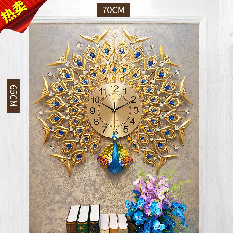 gold 70x65cm Европейский павлин настенные часы Креативный Кристалл Павлин Настенный декор большие настенные часы для гостиной металлические настенные украшения - Цвет: gold 70x65cm