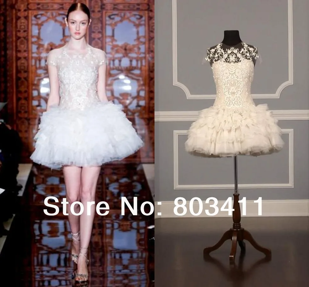 

Sheer Illusion Neckline Capped Sleeve Above Knee Tulle Dinner Reception Wedding Dresses