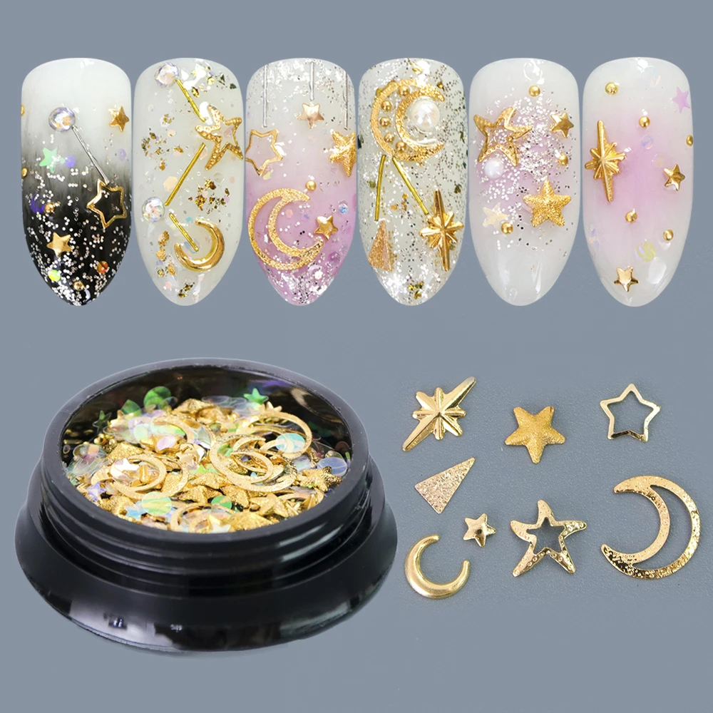1 box Multi 3D Gold Silver Design Nail Decorations Mixed Star Moon Metal Slice Rivet Tips for Manicure Charms Rhinestone TR682 | Красота и