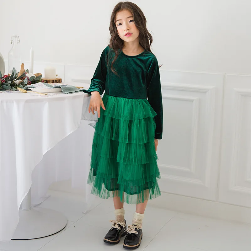 spring green velvet long dress age for 6 - 14 yrs teenage girls cupcake winter party frocks big princess costume | Детская одежда и