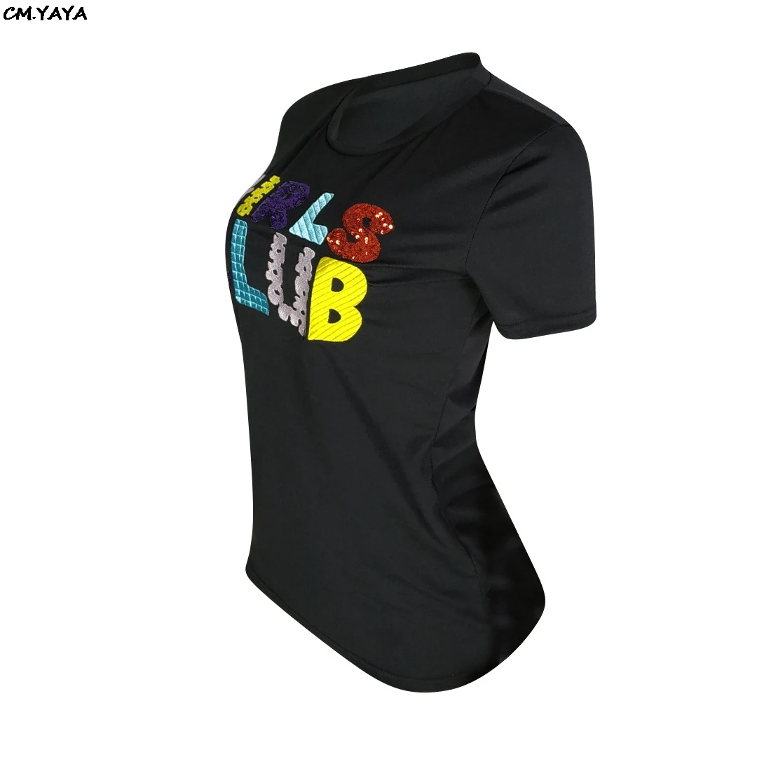Новинка 2019 года женская летняя футболка с блестками и надписью для девочек