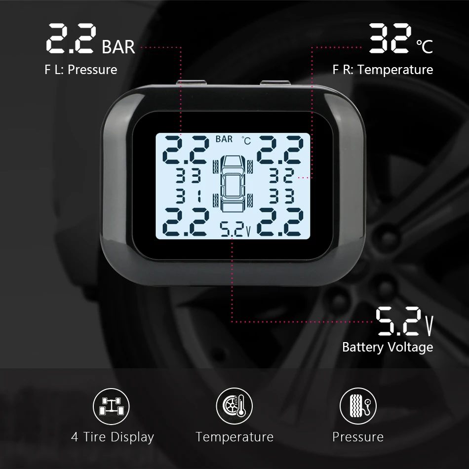 Автомобильный TPMS система контроля давления в шинах цифровой дисплей регулировка яркости USB интерфейс Поддержка зарядки телефона 4 датчика