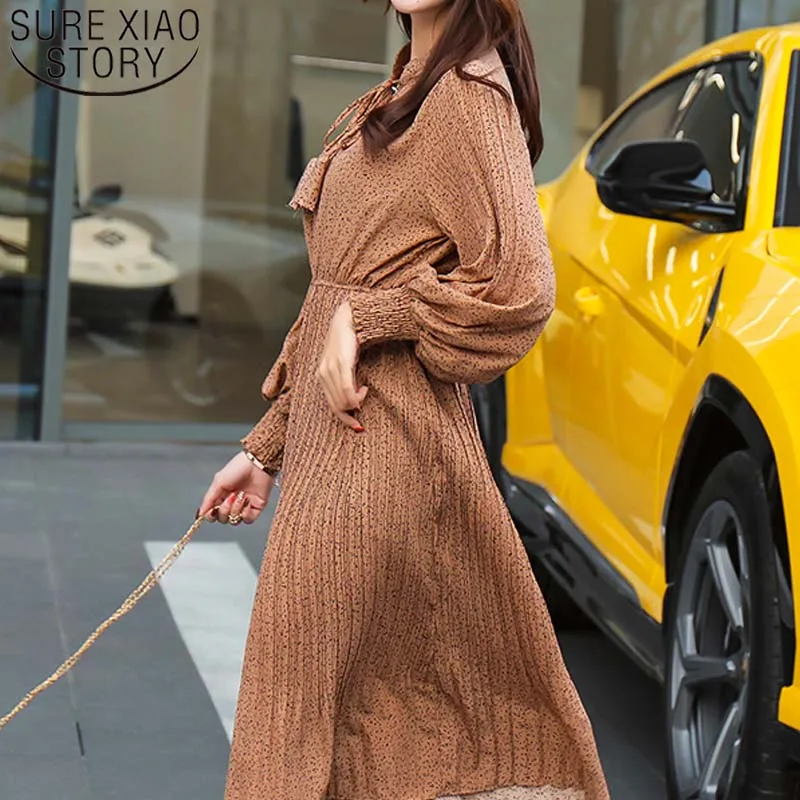 Женское платье 2019 офисное женское с бантом длина до колена рукав фонарик ампир