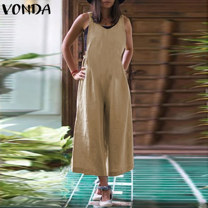 VONDA, женские широкие штаны,, Осенние Комбинезоны, женский комбинезон, сексуальный, v-образный вырез, без рукавов, хлопок, комбинезоны, повседневные Комбинезоны, брюки