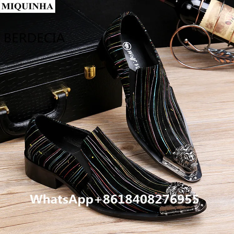 MIQUINHA Металлические Блестки Острым Носом Полосатый Печати Кожаные Мужские Бизнес