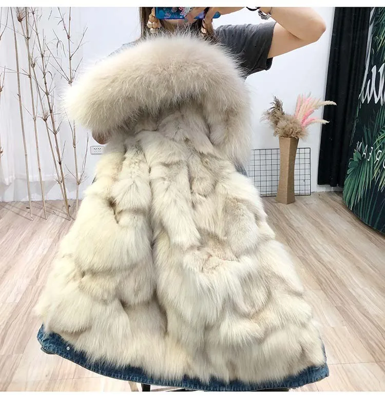 Бежевый Зимняя женская Роскошная куртка из меха енота/лисы, Опушка из лисьего меха, джинсовая куртка, пальто, куртка с капюшоном, парка - Цвет: Бежевый