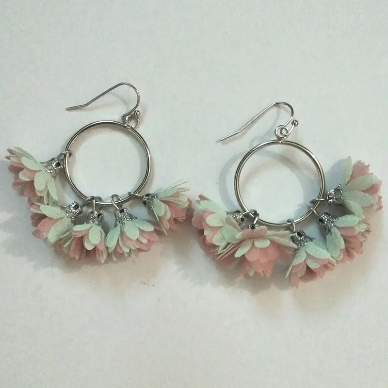 2018 милые круглые висячие серьги с цветком из ткани розовые синие маленькие