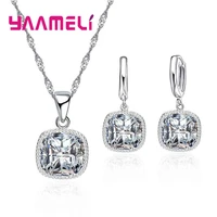 high end stylish necklace earrings 925 sterling silver jewelry set with simple square cubic zircons for women female