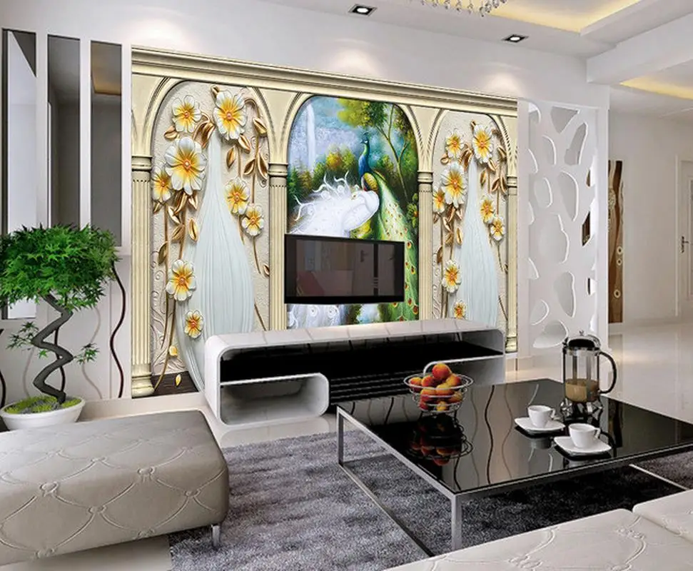 3D Павлин римская колонна ваза пленка фоновая стена фото 3d обои классические для