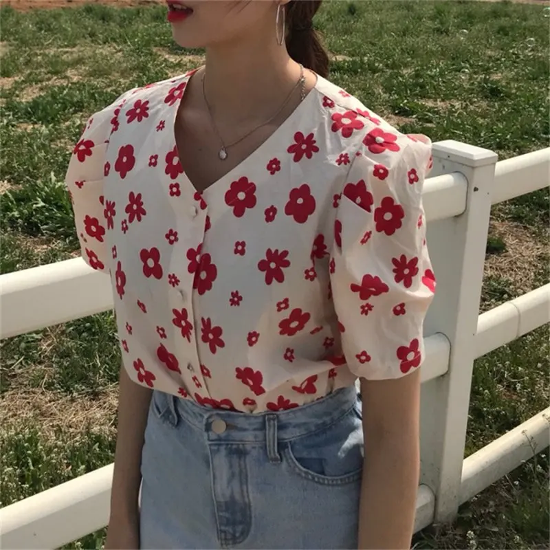 Женская свободная рубашка с V-образным вырезом цветочным принтом | одежда