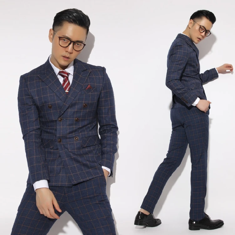 

Spring mens formal dress double breasted suits men plaid suit slim singer stage modern suits for men blue costume jacket + pant