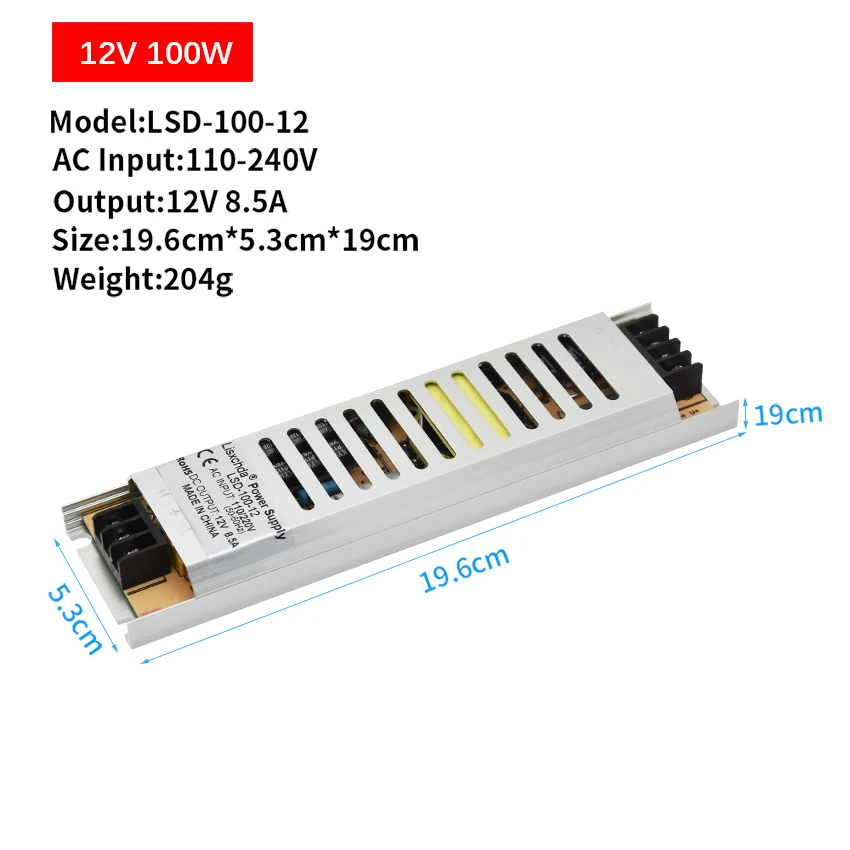 Ультра тонкий светодиодный Питание DC12V трансформаторы 100W 150W 200W 300W AC110-240V драйвер для Светодиодный полоски - Цвет: 12V 100W