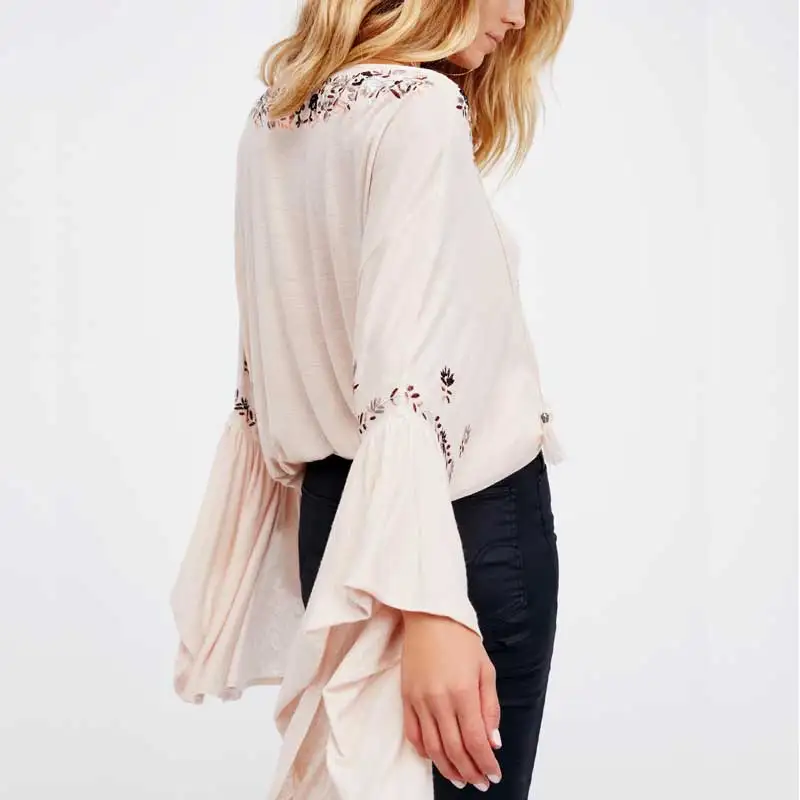 Женские блузки Топы Бохо хлопок длинный рукав вышивка цветочный v-образный вырез