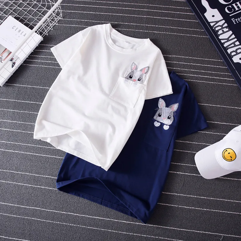Модные женские топы из хлопка и модала Harajuku, футболка с вышитым карманом Rabit и круглым вырезом, кавайные летние футболки, футболка с изображением кролика, мягкая тонкая футболка
