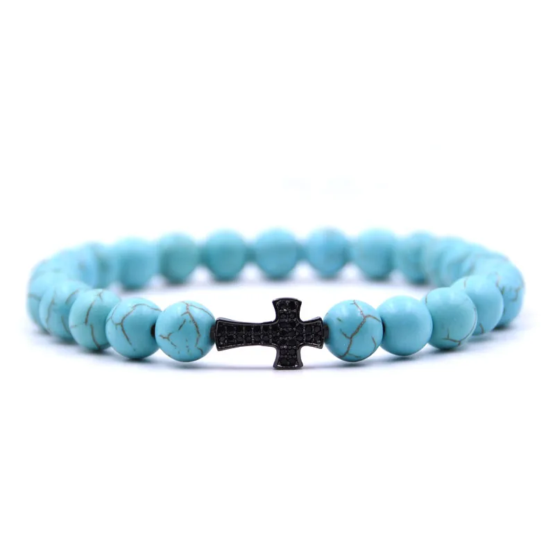 KANGKANG Brand Wholesale Unisex Black Cross Men Bracelet Hand Work 5 colors Natural Stone Beaded Bracelets Pulseiras | Украшения и