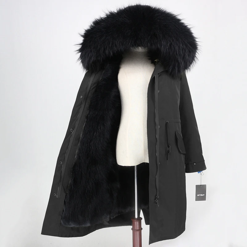 full black OFTBUY водонепроницаемая верхняя одежда X-long Parka зимняя куртка женская шуба из натурального меха енота капюшон Подкладка из натурального кроличьего меха - Цвет: full black