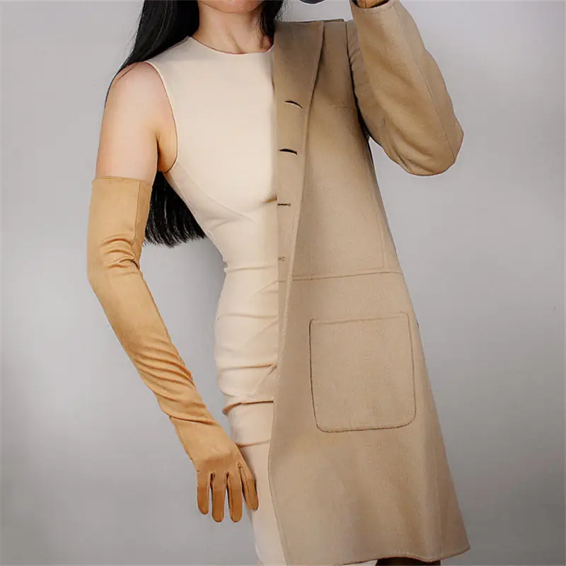 Suede nude Модные длинные стильные женские перчатки из лакированной кожи 60 см, имитация кожи, зеркальные Яркие Кожаные женские перчатки из искусственной кожи PU60 - Цвет: Suede nude