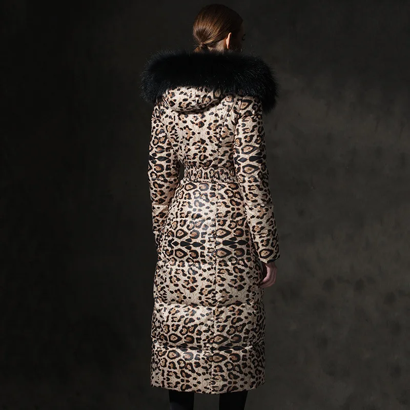 White Down Jacket Woman Hooded Leopard Winter Coat Women Long Warm Puffer Jacket Raccon Fur Collar Chaqueta MujerMY206 KJ2603