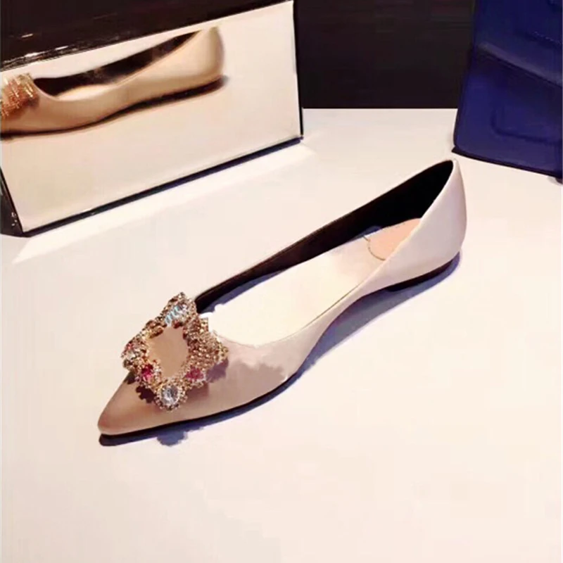 Elegant Dress Shoes Woman Pointed Toe Flats Crystal Boat Women Satin Slip On Flat Summer Blue Red Black | Обувь