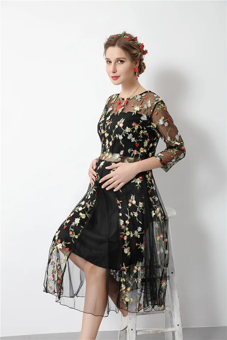 Цветочная вышивка черные летние платье для беременных ночь часть платья