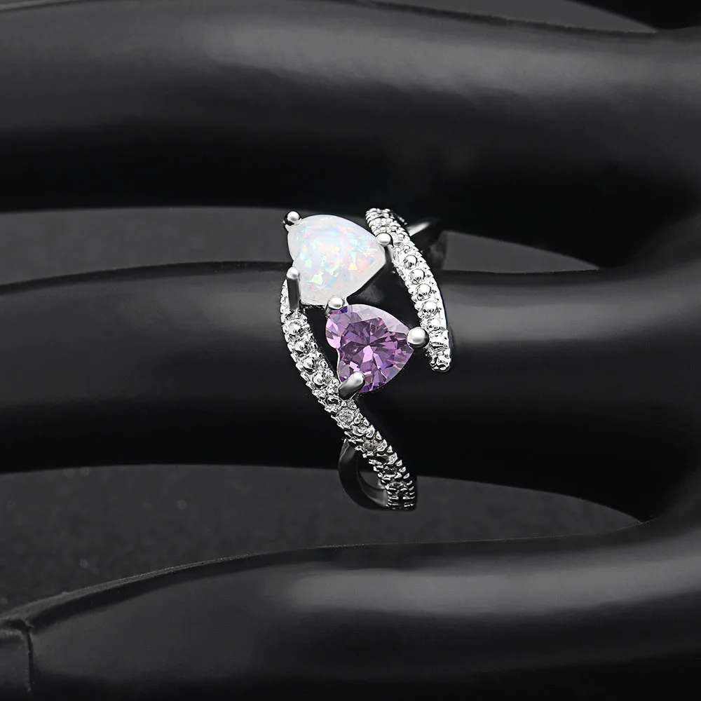 Женское кольцо с фианитом Love Opal фиолетовое Кристальный в виде сердца белым
