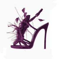 fur sandals women designer feather decor catwalk hgh heel strappie blue purple black 11 cm heeled woman summer shoe