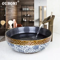 ouboni waterfall antique brass art ceramic vessel sink bathroom faucet bathroom sink set design black inside basin mixer tap