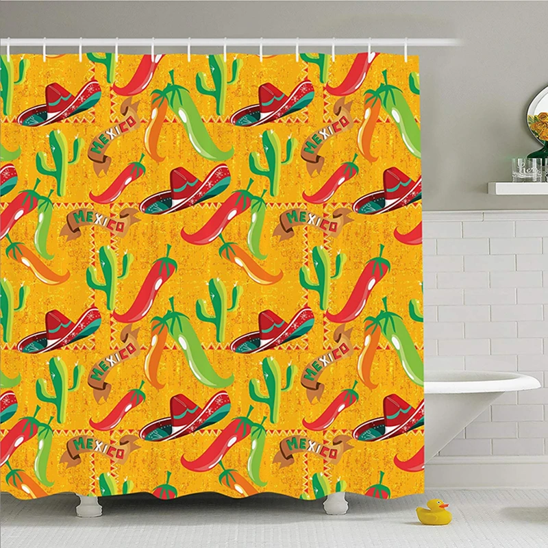 Mexican Cactus Hat Chili Pepper Pattern Shower Curtain Grunge Bathroom Curtain Set with Hooks Waterproof Polyester Decorations