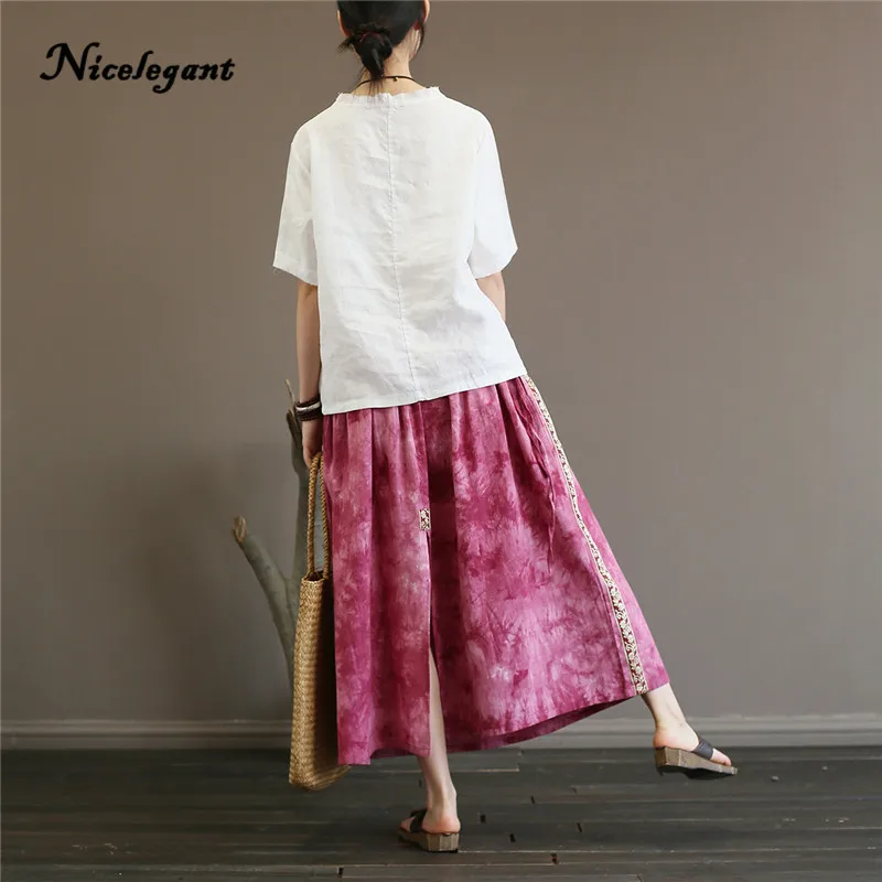 Nicelegant Vintage Art Tie Dye Long Skirt Women Cotton Summer Chinese Style Loose Tibetan Embroidery Female Split | Женская одежда