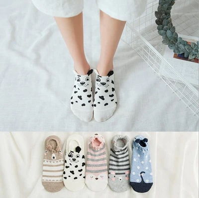 04 5pairs Women Cute Socks Harajuku Cartoon Cat Pattern Casual Cotton Happy Funny Female Ankle Socks Thin Summer Low Cut Style - Цвет: 04