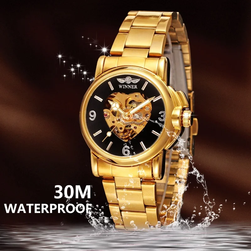 Женские прозрачные часы с золотым скелетом автоматические механические