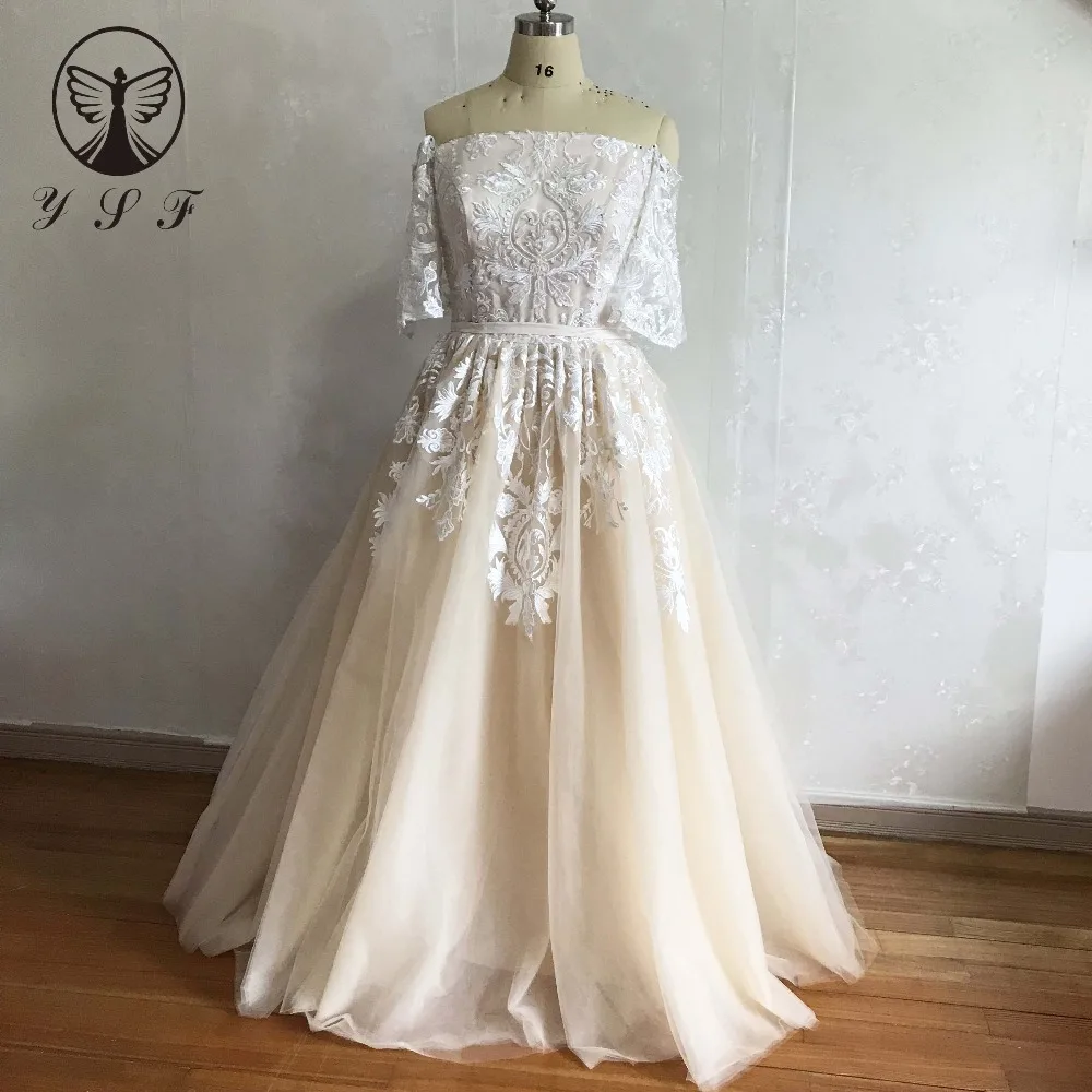 

YSF Robe De Mariee Simple But Elegant Boat Neck Appliqued Beaded Pearls Half Sleeve Floor Length Wedding Dresses 2018