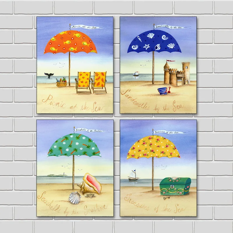 

4 Piece Picnic at the Sea Beach Modern Canvas Wall Art HD Picture Canvas Print Paintings For Living Rooms Decor Unframed