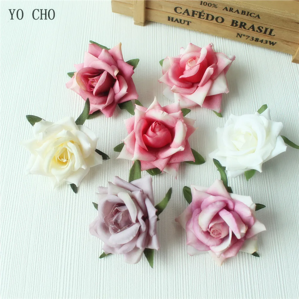

YO CHO 5pcs Rose Artificial Flower Head Pink Silk Rose Wedding Flowers White Artificial Flower Heads Party DIY Decorative Flower