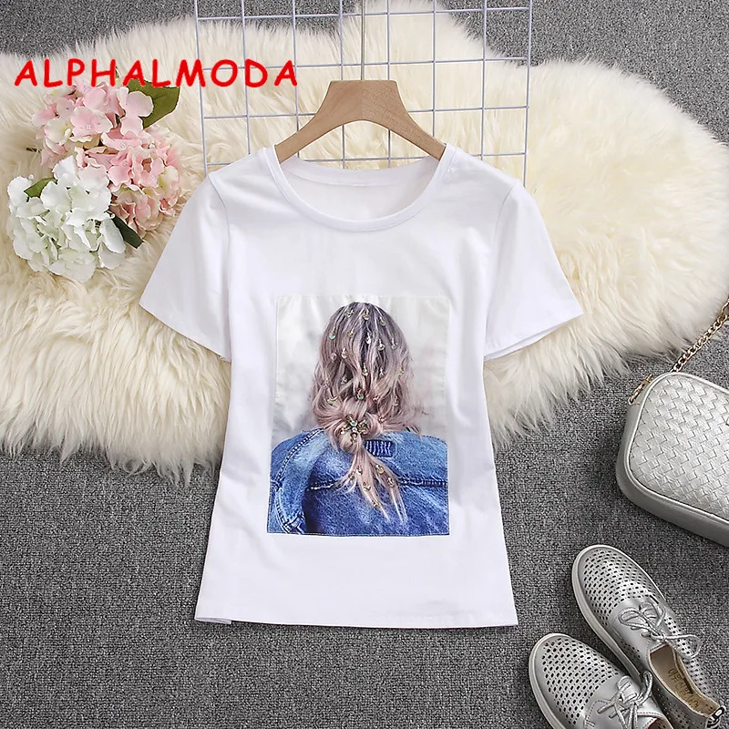 Женская футболка с блестками ALPHALMODA белая или черная коротким рукавом и