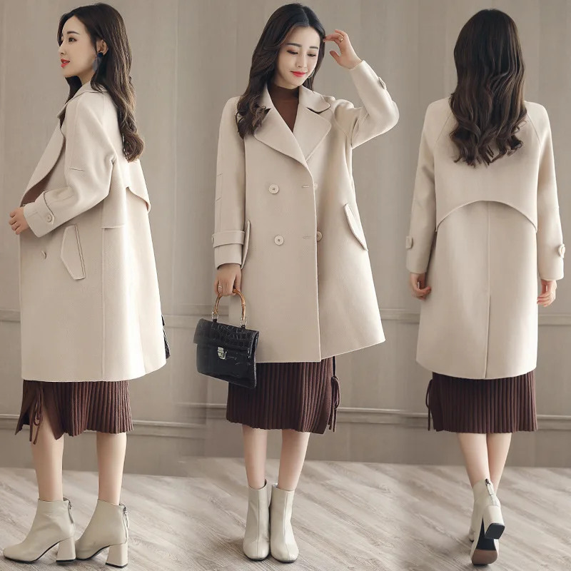 Женское однотонное длинное шерстяное пальто модное с широкой талией и