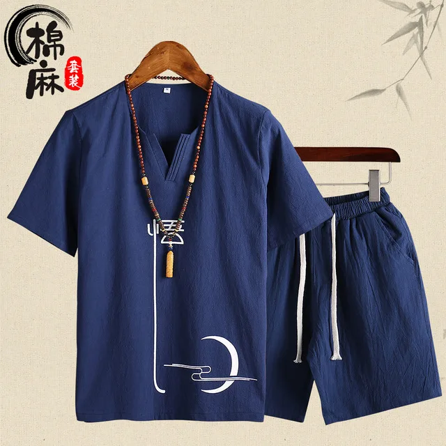 

Rlyaeiz 2018 Summer Casual Thin Sporting Suits Men Tracksuit Sets Comfortable T shirts + Shorts Cotton Linen Sweat Suit 5XL